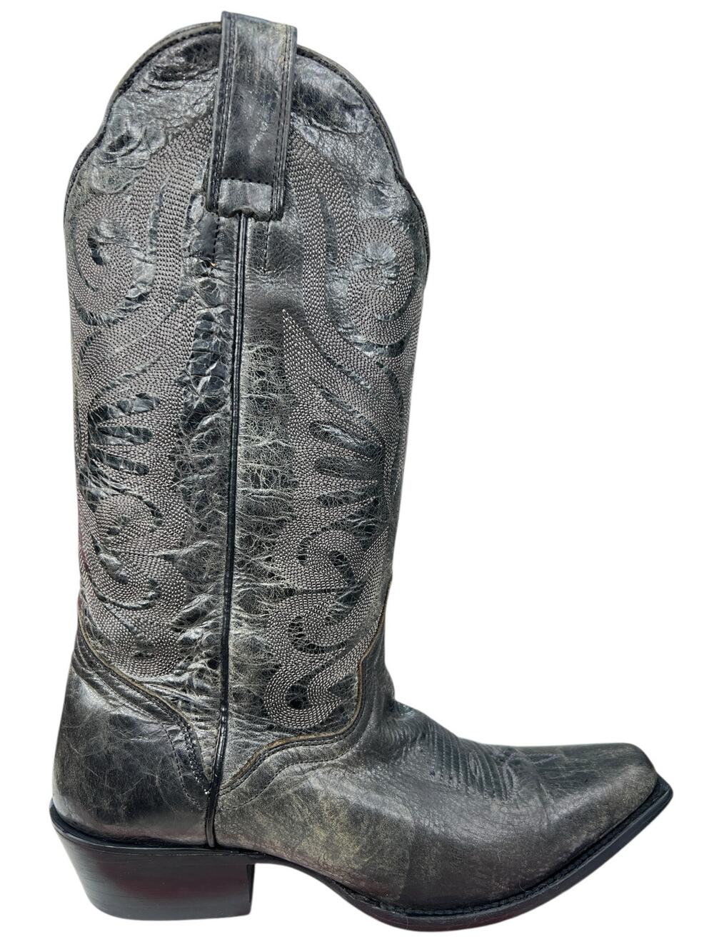 J.B. Dillon Women’s Grey Black Distressed Leather Cowgirl Boot Size US 7 B